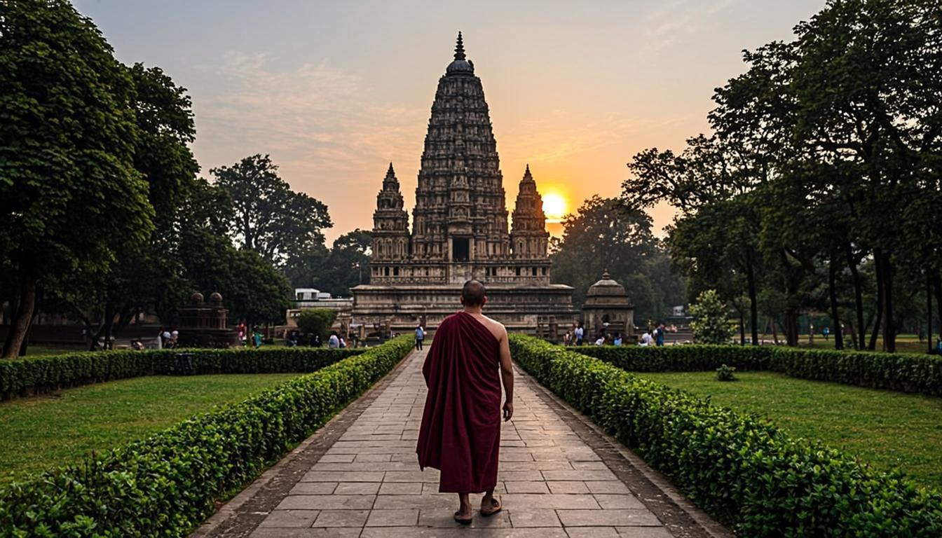 Pilgrims in ochre robes walking beneath the sacred bodhi tree in Bodh Gaya